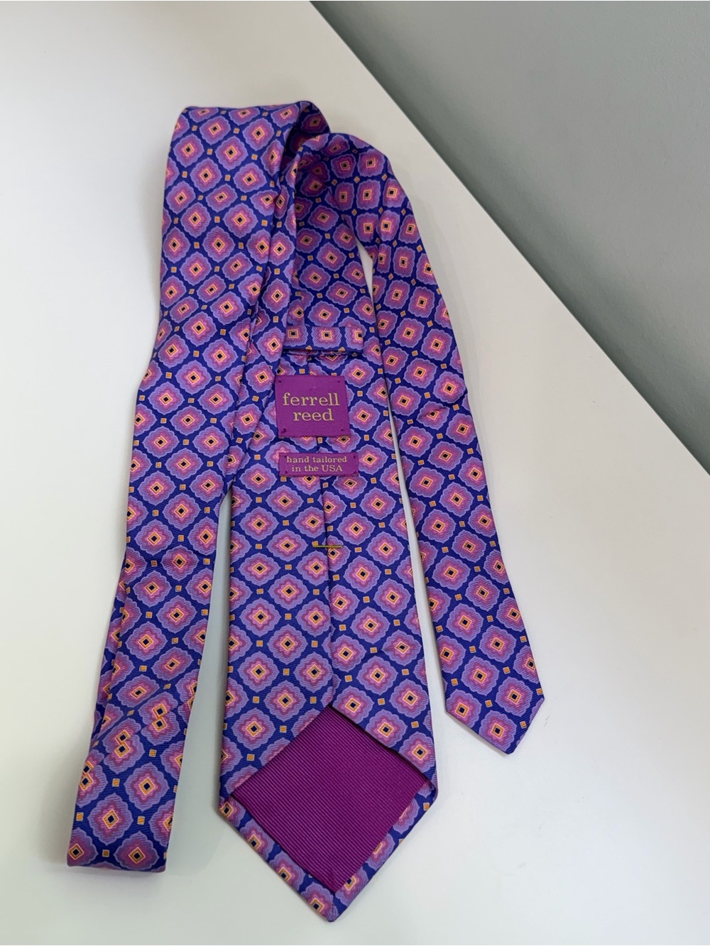 Ferrell Reed Silk Tie Purple Pink Geometric Designer Neck Tie Hand Tailored USA - Picture 6 of 8